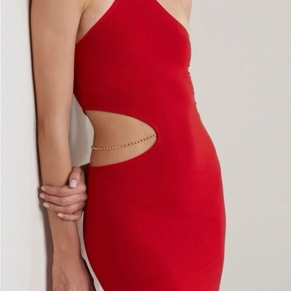 Reformation Net Sustain Helio Cutout Red Halter Dress without Rhinestone Chain - Picture 2 of 7